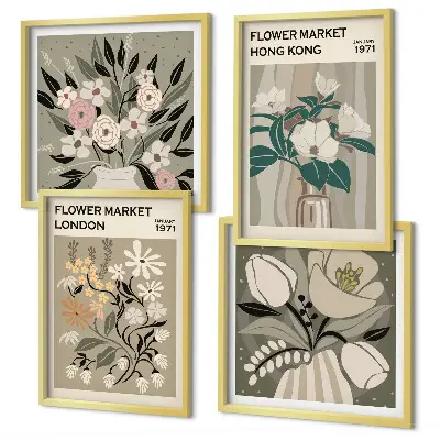 Wanddeko-Set mit Blumenillustrationen von London und Hongkong