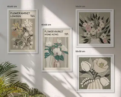 Wanddeko-Set mit Blumenillustrationen von London und Hongkong