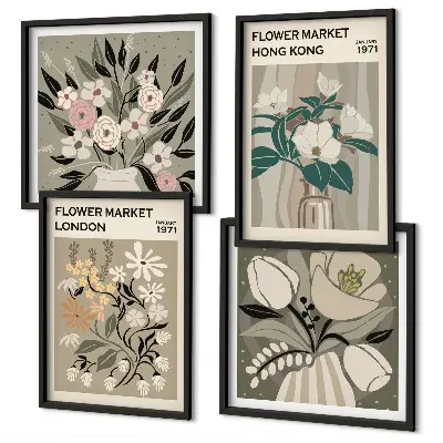 Wanddeko-Set mit Blumenillustrationen von London und Hongkong