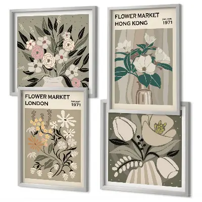Wanddeko-Set mit Blumenillustrationen von London und Hongkong