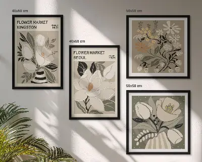 Polyptychon mit Rahmen Motiv Kingston Seoul Retro-Blumen