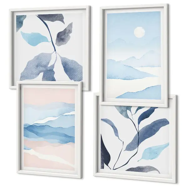 Wanddeko-Set mit Berglandschaften und Aquarellpflanzen