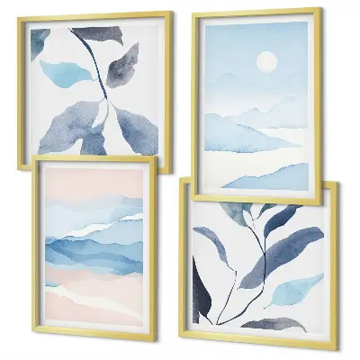Wanddeko-Set mit Berglandschaften und Aquarellpflanzen