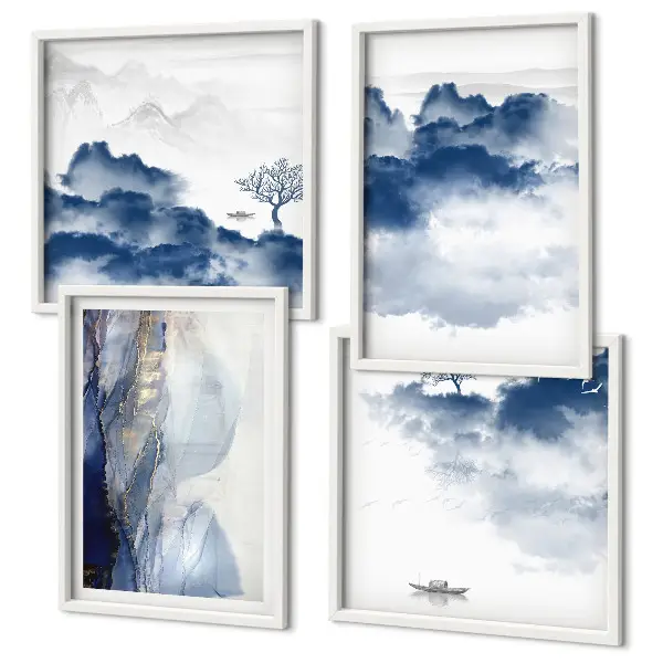 Wanddeko-Set mit Bergen, Wolken, Bäumen und Vögeln im Hintergrund