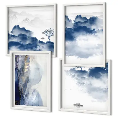 Wanddeko-Set mit Bergen, Wolken, Bäumen und Vögeln im Hintergrund