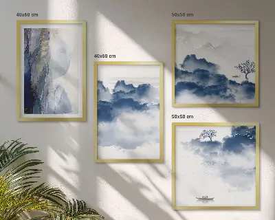 Wanddeko-Set mit Bergen, Wolken, Bäumen und Vögeln im Hintergrund