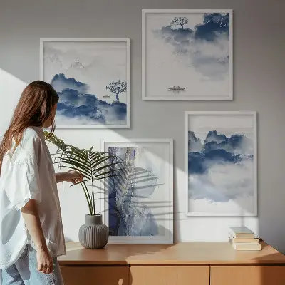 Wanddeko-Set mit Bergen, Wolken, Bäumen und Vögeln im Hintergrund