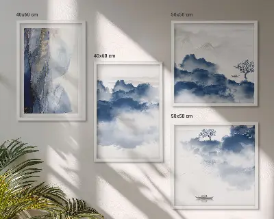 Wanddeko-Set mit Bergen, Wolken, Bäumen und Vögeln im Hintergrund