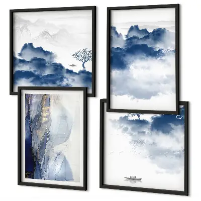 Wanddeko-Set mit Bergen, Wolken, Bäumen und Vögeln im Hintergrund