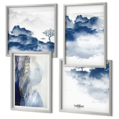 Wanddeko-Set mit Bergen, Wolken, Bäumen und Vögeln im Hintergrund