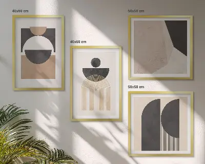 Abstrakte Formen in Beige und Braun als gerahmtes Polyptychon