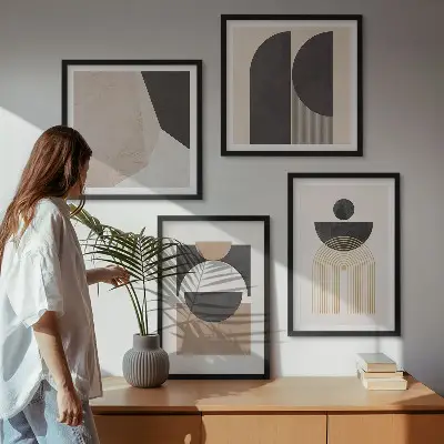 Abstrakte Formen in Beige und Braun als gerahmtes Polyptychon