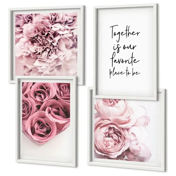 Blumensträuße mit Rosen und Hausinschrift als gerahmtes Polyptychon