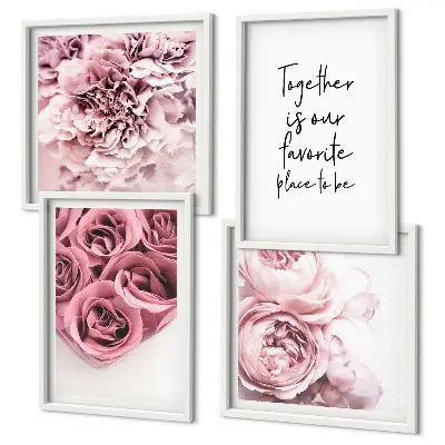 Blumensträuße mit Rosen und Hausinschrift als gerahmtes Polyptychon