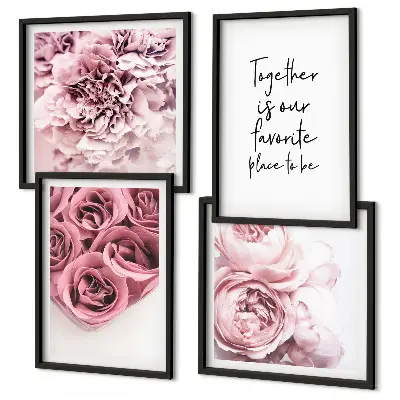 Blumensträuße mit Rosen und Hausinschrift als gerahmtes Polyptychon