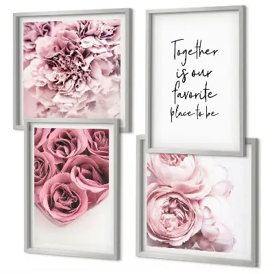 Blumensträuße mit Rosen und Hausinschrift als gerahmtes Polyptychon