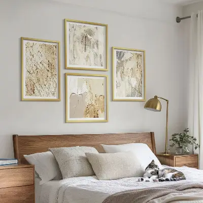 Beige abstrakte Formen und Linien Polyptychon mit Rahmen