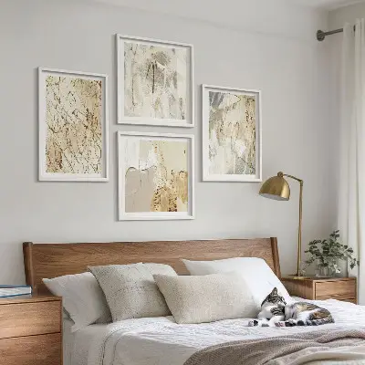 Beige abstrakte Formen und Linien Polyptychon mit Rahmen