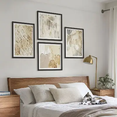 Beige abstrakte Formen und Linien Polyptychon mit Rahmen