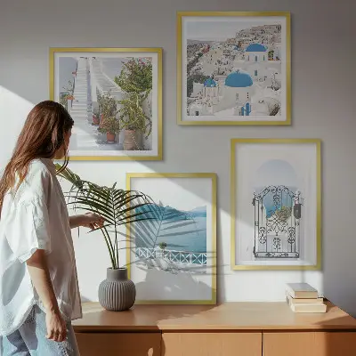 Wandbild Weiße Treppenpflanzen am Meer als gerahmtes Polyptychon