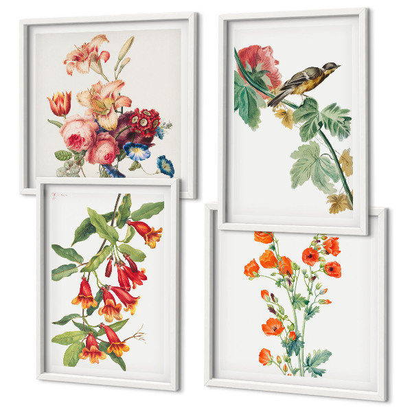Polyptychon mit rahmen Gemalte Blumen, Retro-Vogel
