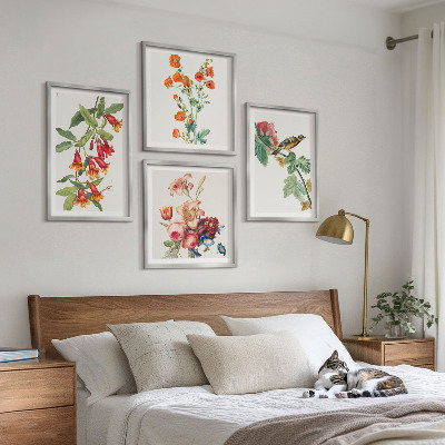 Polyptychon mit rahmen Gemalte Blumen, Retro-Vogel