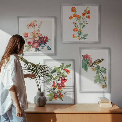 Polyptychon mit rahmen Gemalte Blumen, Retro-Vogel