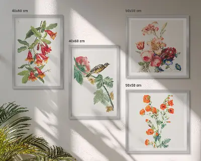Polyptychon mit Rahmen gemaltes Blumenmotiv mit Retro-Vogel