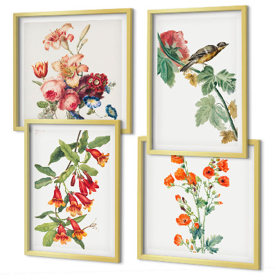 Polyptychon mit rahmen Gemalte Blumen, Retro-Vogel