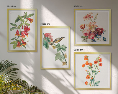 Polyptychon mit rahmen Gemalte Blumen, Retro-Vogel