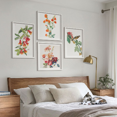 Polyptychon mit rahmen Gemalte Blumen, Retro-Vogel