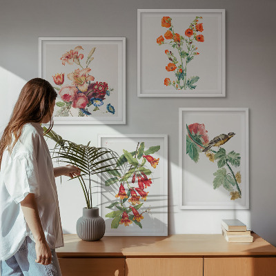 Polyptychon mit rahmen Gemalte Blumen, Retro-Vogel