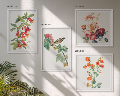 Polyptychon mit rahmen Gemalte Blumen, Retro-Vogel