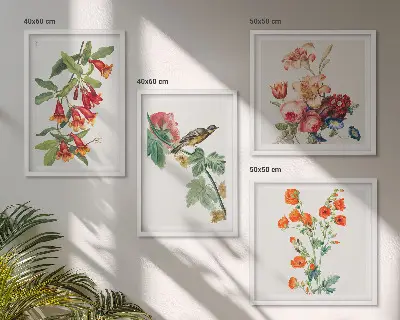 Polyptychon mit Rahmen gemaltes Blumenmotiv mit Retro-Vogel