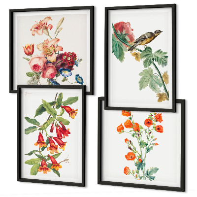 Polyptychon mit rahmen Gemalte Blumen, Retro-Vogel
