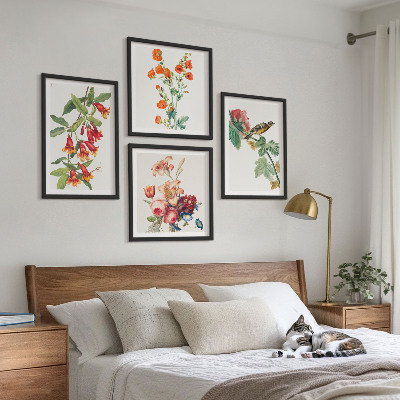 Polyptychon mit rahmen Gemalte Blumen, Retro-Vogel