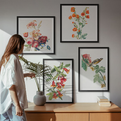 Polyptychon mit rahmen Gemalte Blumen, Retro-Vogel