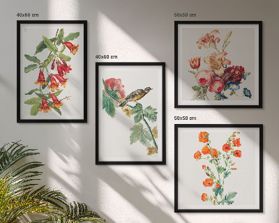 Polyptychon mit rahmen Gemalte Blumen, Retro-Vogel