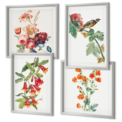 Polyptychon mit Rahmen gemaltes Blumenmotiv mit Retro-Vogel