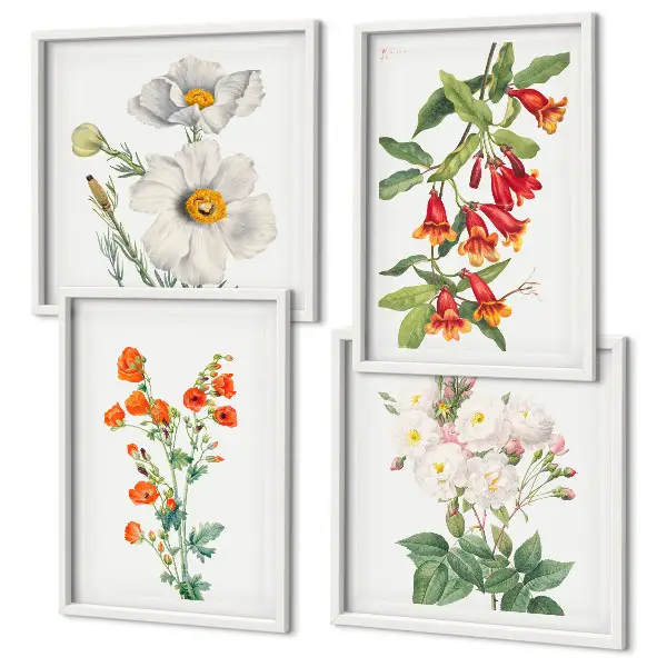 Retro Blumenmalerei Wandbild als gerahmtes Polyptychon