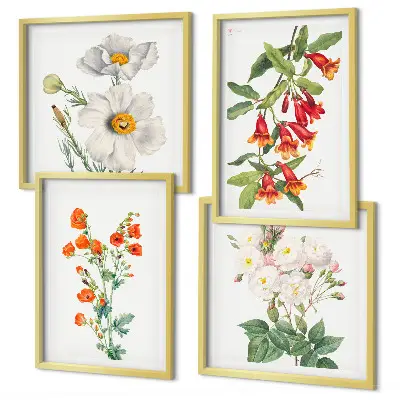 Retro Blumenmalerei Wandbild als gerahmtes Polyptychon