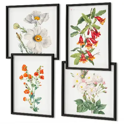 Retro Blumenmalerei Wandbild als gerahmtes Polyptychon