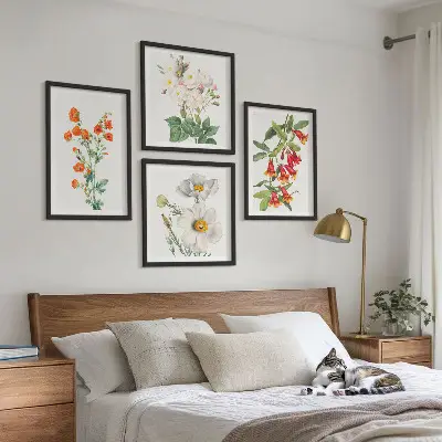 Retro Blumenmalerei Wandbild als gerahmtes Polyptychon