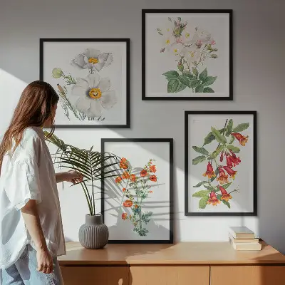Retro Blumenmalerei Wandbild als gerahmtes Polyptychon