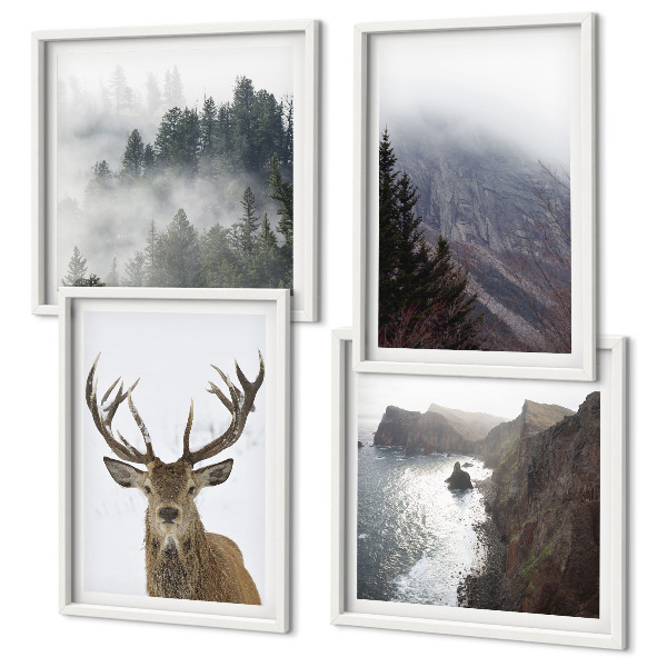 Wanddeko-set Berglandschaft Nebel Hirsch