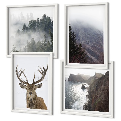Wanddeko-set Berglandschaft Nebel Hirsch
