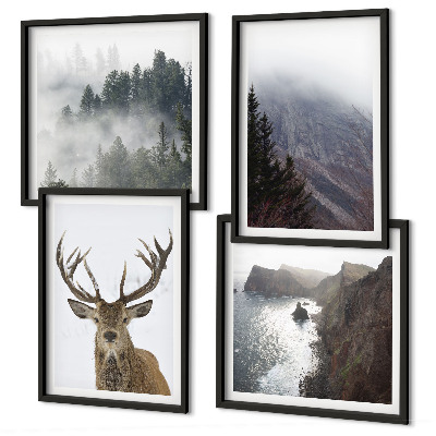 Wanddeko-set Berglandschaft Nebel Hirsch