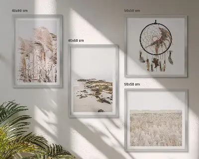 Wandbild als Polyptychon mit Rahmen Motiv Wiesen und Strand im Boho-Stil