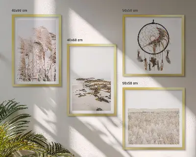 Wandbild als Polyptychon mit Rahmen Motiv Wiesen und Strand im Boho-Stil