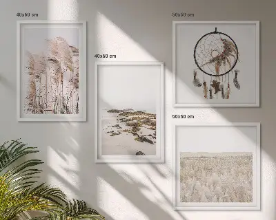 Wandbild als Polyptychon mit Rahmen Motiv Wiesen und Strand im Boho-Stil